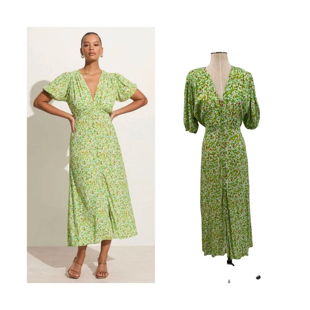 Faithfull The Brand Bellavista Midi Dress Lou Floral Green Puff Sleeve US 12